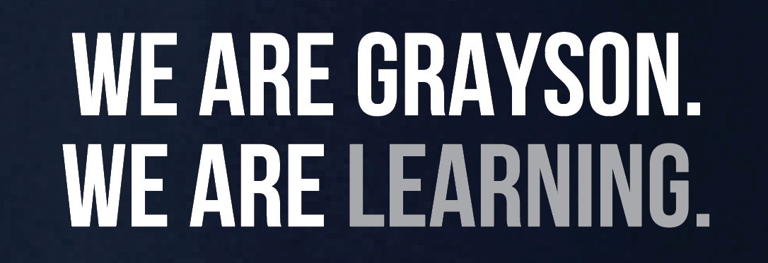Peer tutoring banner with white and gray lettering on navy blue background says We are Grayson. We are Learning.